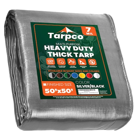 Tarpco Safety Heavy Duty Tarp, 50 ft L x 0.5 mm H x 50 ft W, 7 Mil, Silver/Black, Polyethylene TS-201-50X50